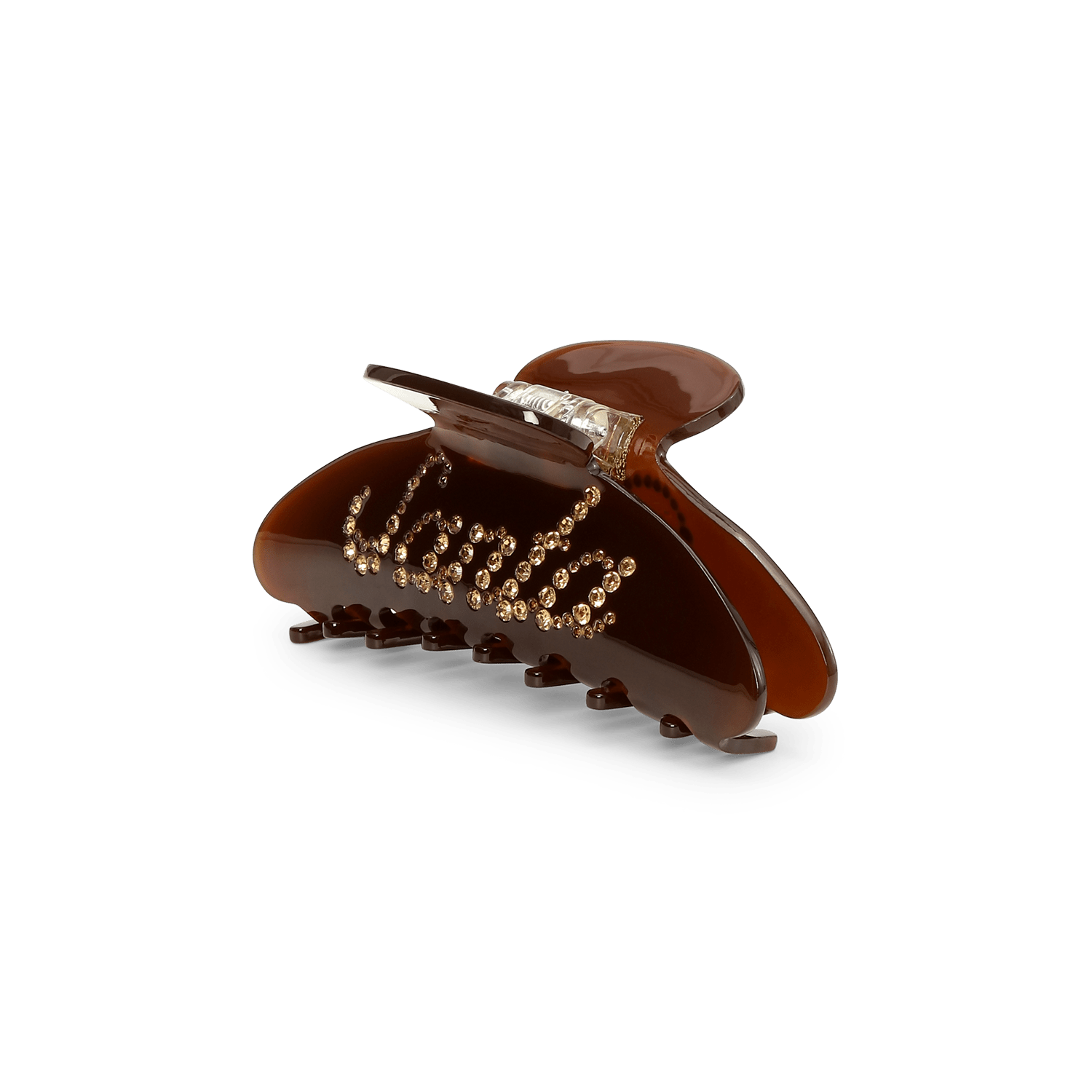 Brun hårklemme med teksten "Santa" og "Baby" i gyldne krystaller – Ida Santa Baby Big fra SUI AVA.

