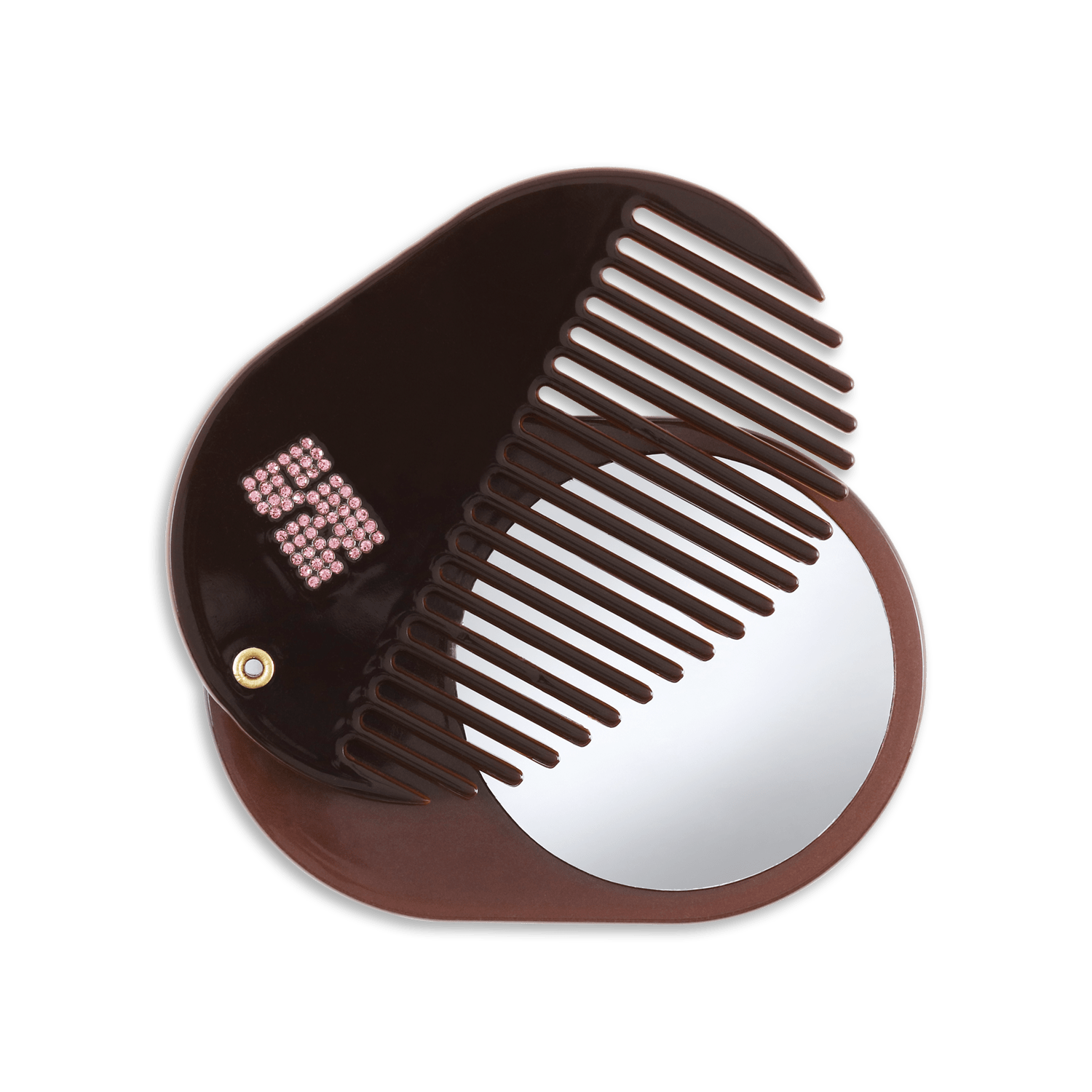 Brun SUI AVA kam og spejl med rosa sten – kompakt og stilfuldt sæt til hårpleje på farten.