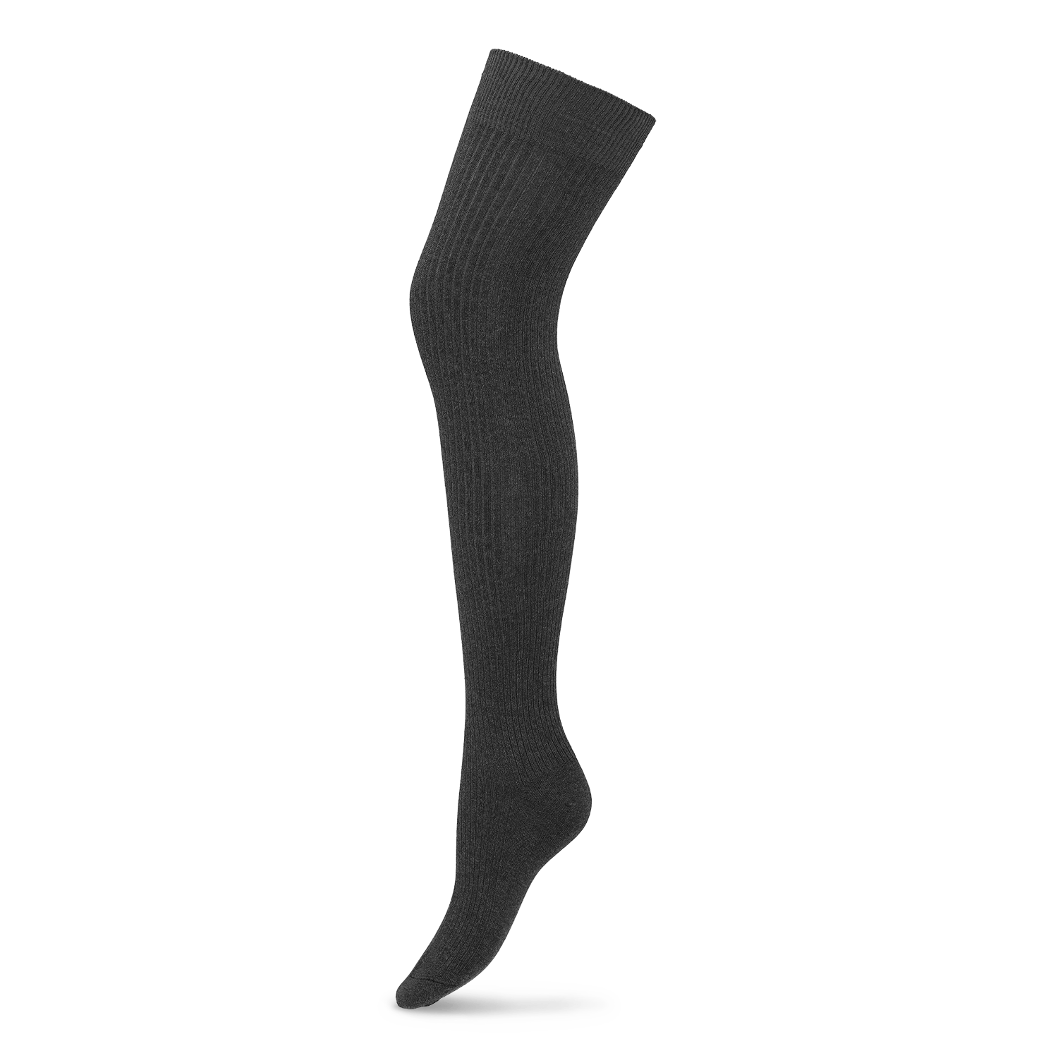 Mørkegrå ribstrikkede overknee strømper i hel længde mod gennemsigtig baggrund.