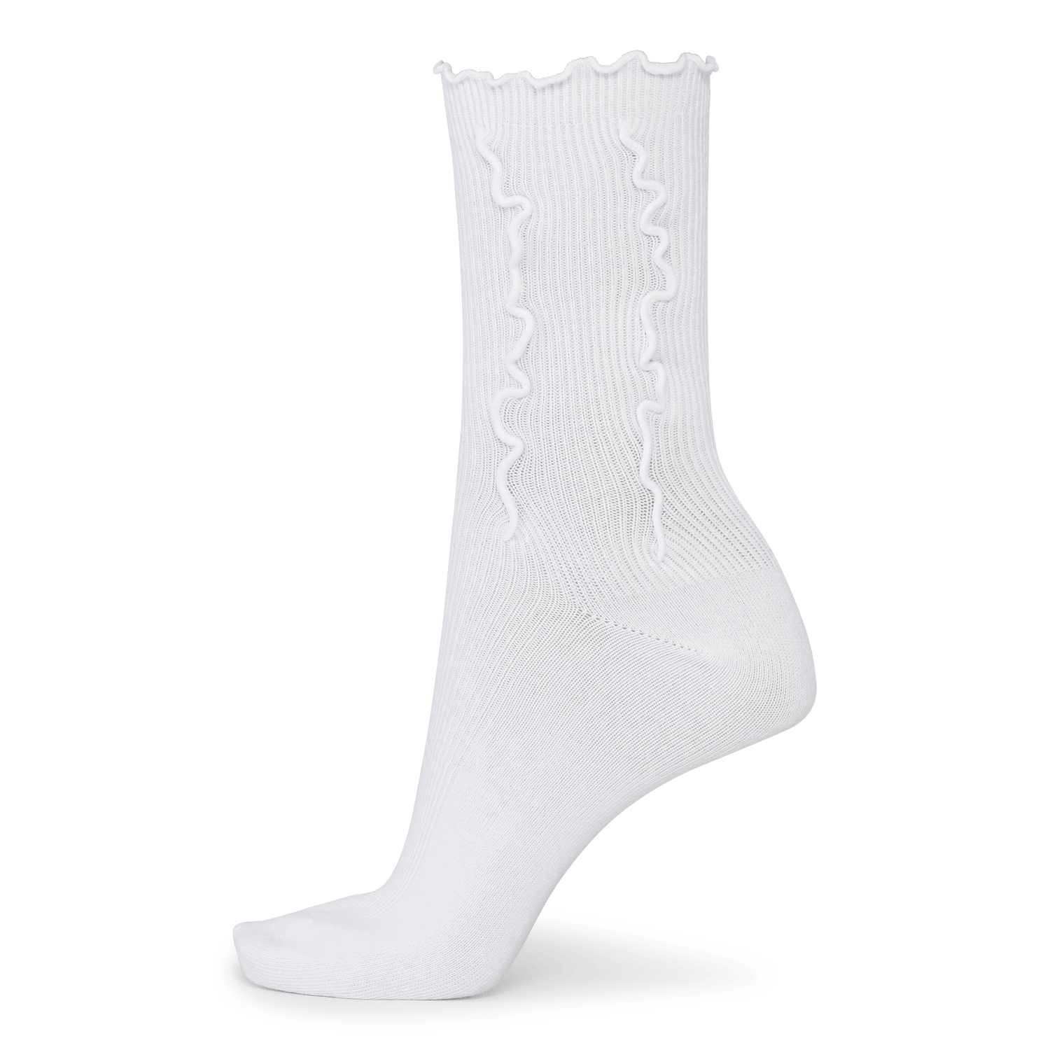 Hvide ribstrikkede strømper med ruffle-detalje og bølget kant