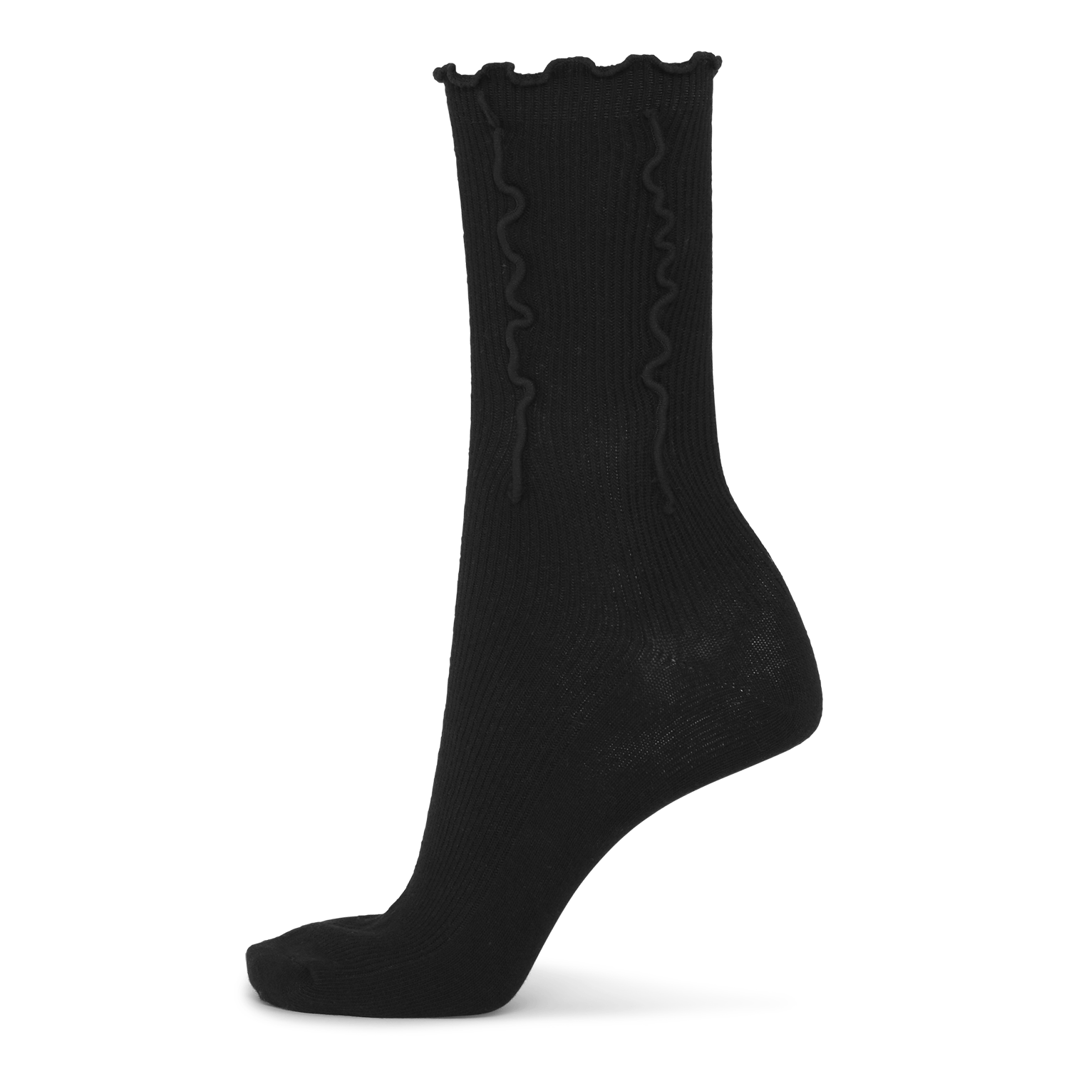 Ruffle Socks i sort med rib og dekorativ bølgekant