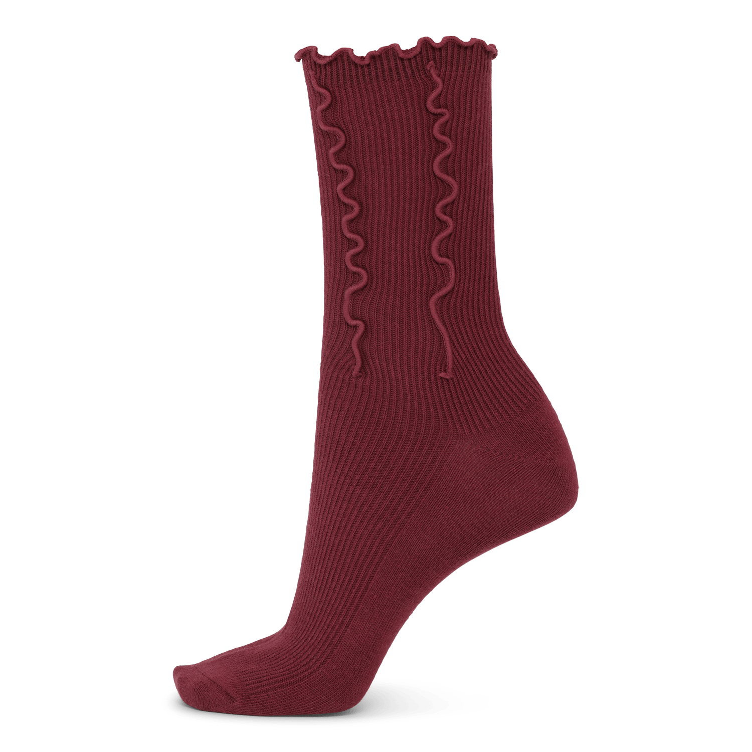 Burgundy sok med flæsekant og ribstrik fra SUI AVA.