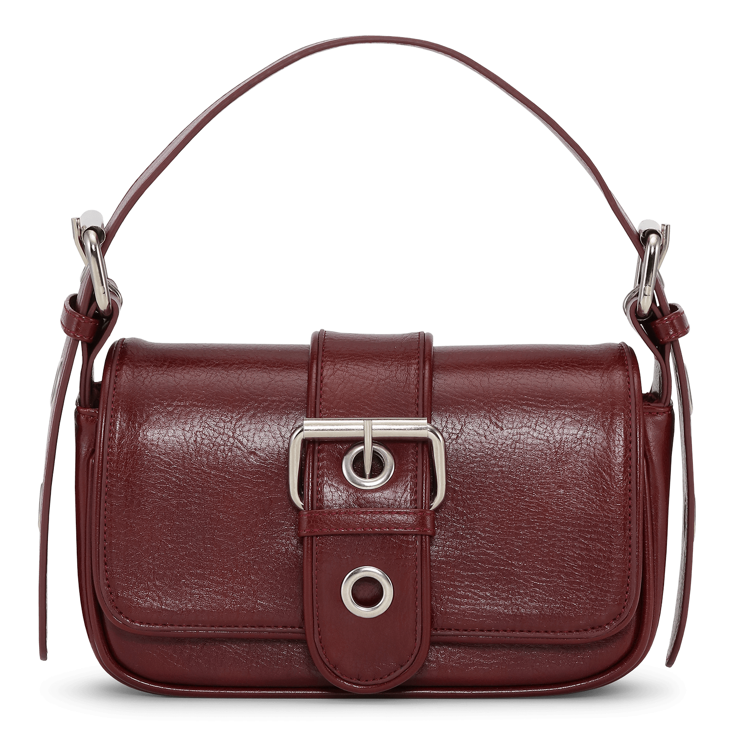 SUI AVA Buckle Bag – burgundy skuldertaske i læderlook med spænde og sølvdetaljer.