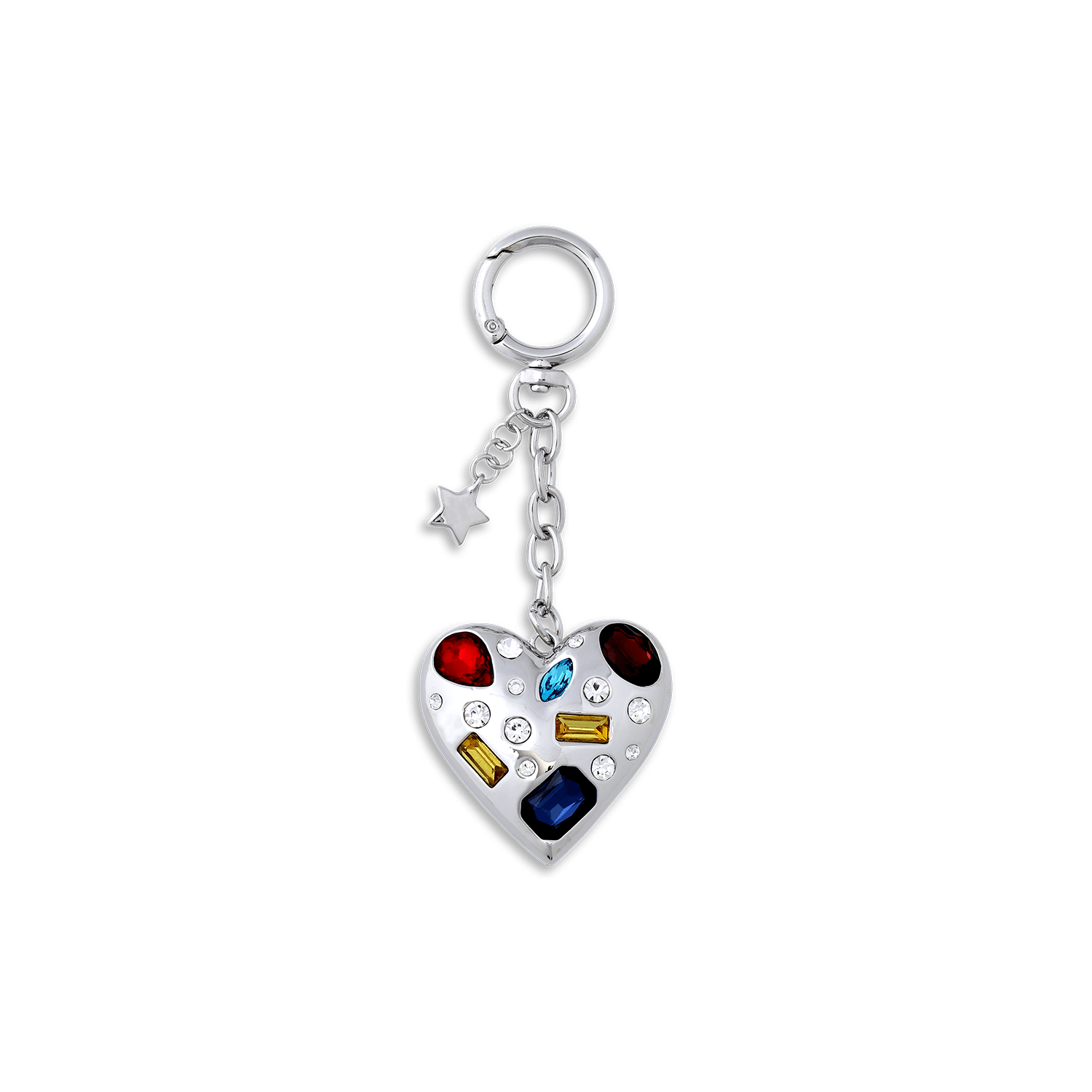 SUI AVA Gem Heart Bag Charm – sølv hjertevedhæng med farvede krystaller og lille stjerne.