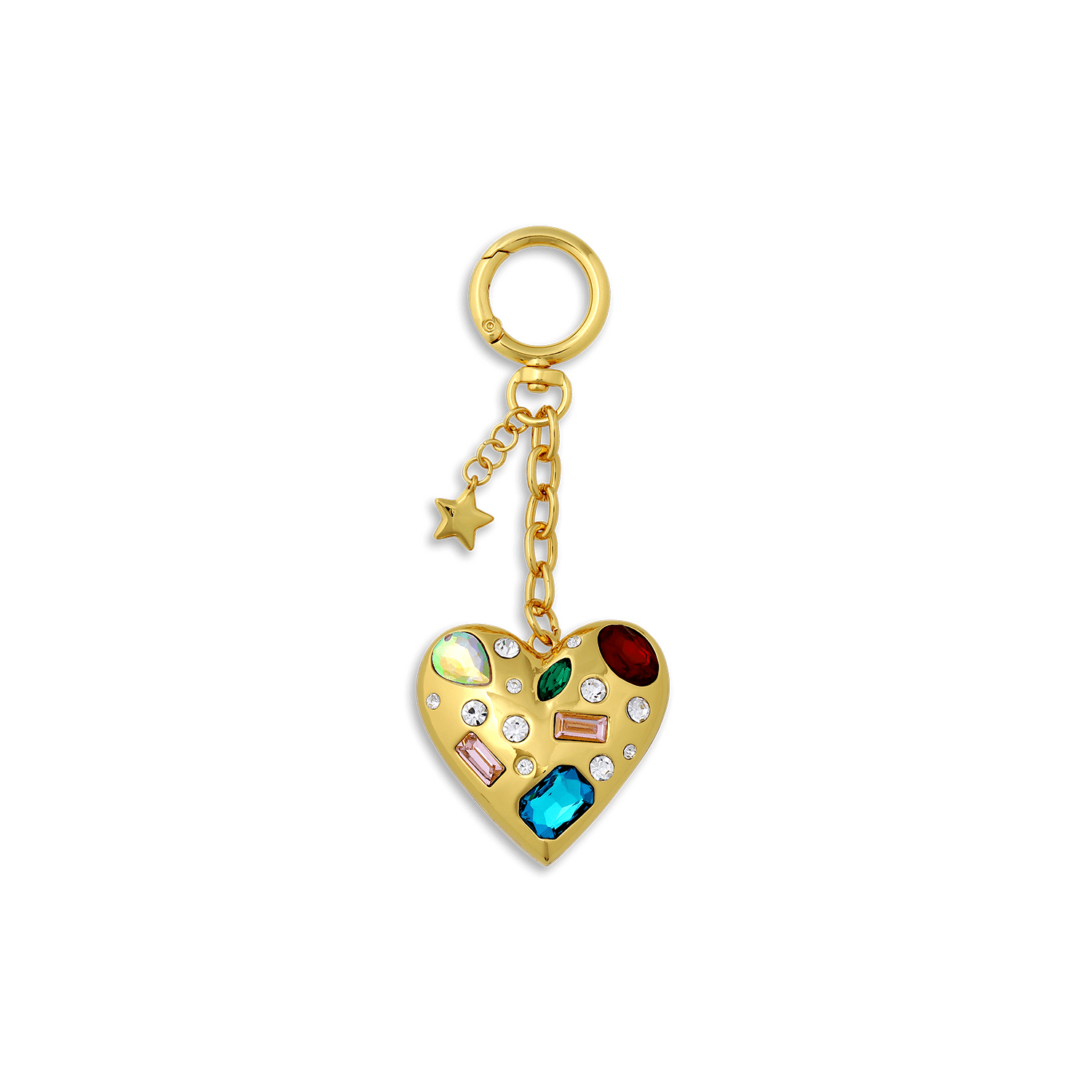 SUI AVA Gem Heart Bag Charm – gyldent hjertevedhæng med farvede krystaller og lille stjerne.