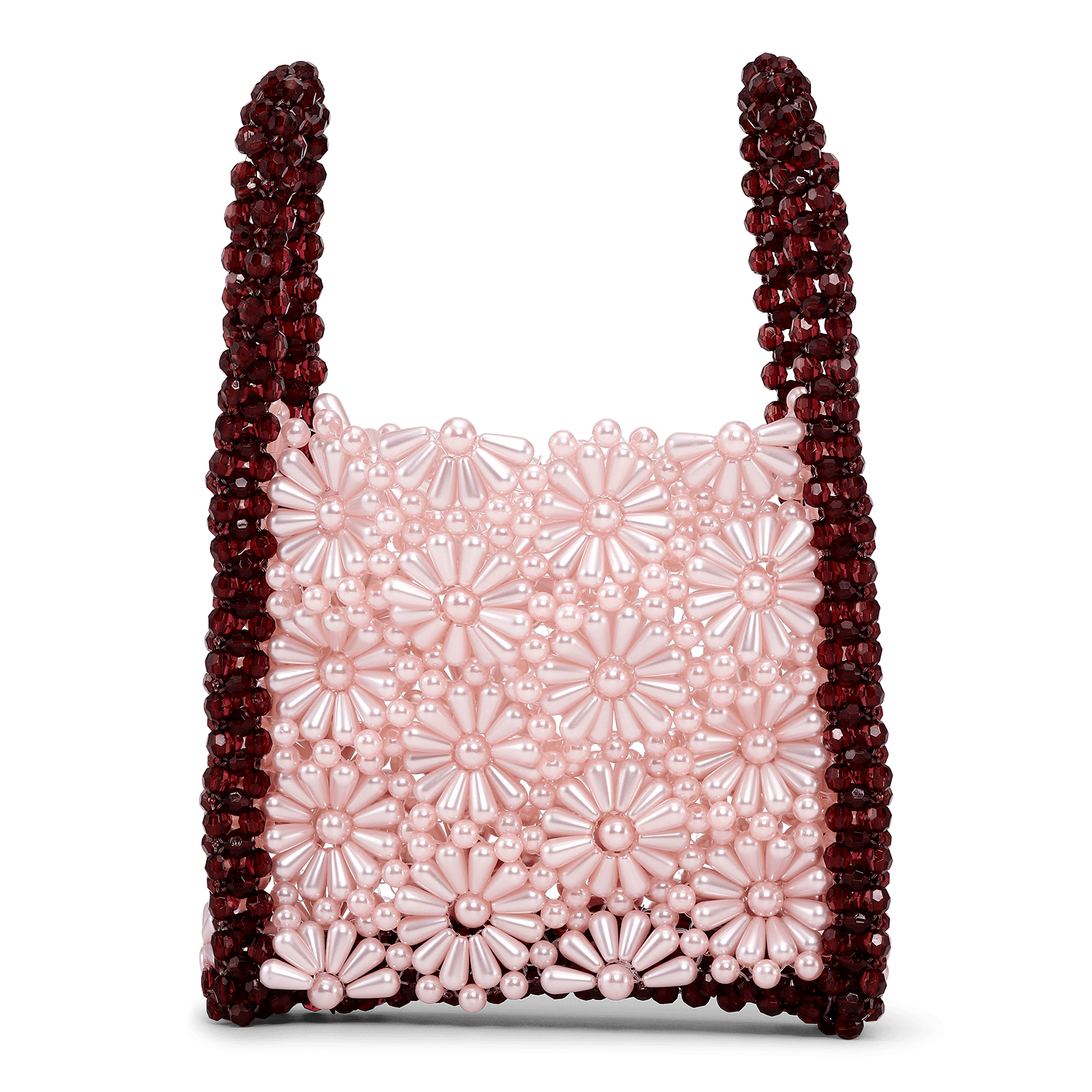 SUI AVA Bouquet Bead Bag – håndtaske i Blush og Burgundy med blomsterformede perler og dobbelte hanke.