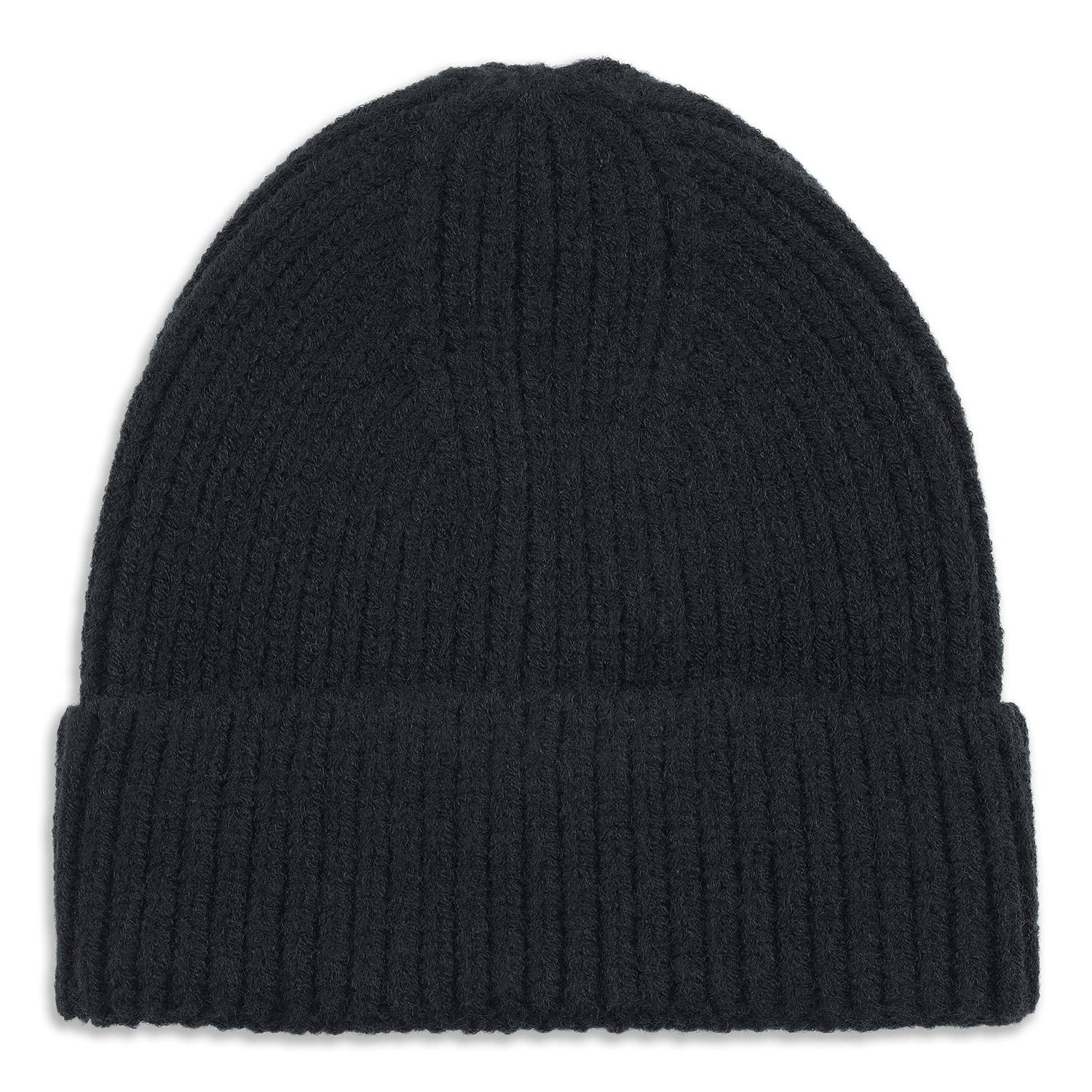 Nico Beanie i sort – ribstrikket vinterhue med foldet kant i blød uldblanding.