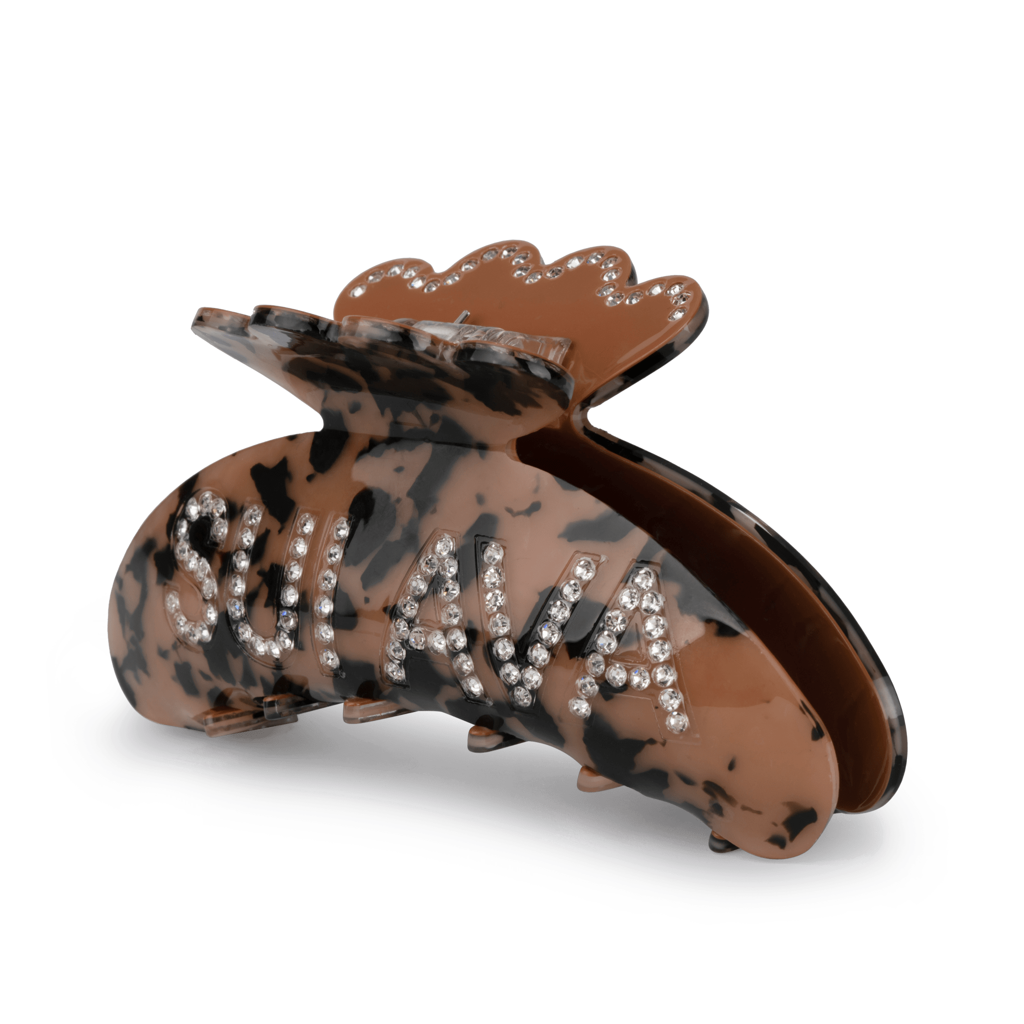 Stor brun hårklemme med leopardmønster og rhinsten, hvor der står “SUI AVA” – Helle SUI AVA Big.