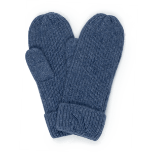 Signe Mittens – blå ribstrikkede luffer med opsmøg og broderet logo