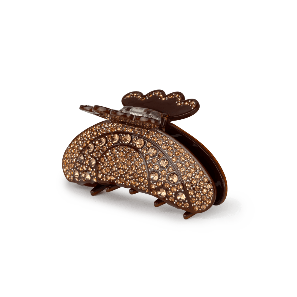 Helen Chocolate Middle – brun hårklemme med gyldne krystaller i buet mønster og mellem størrelse.