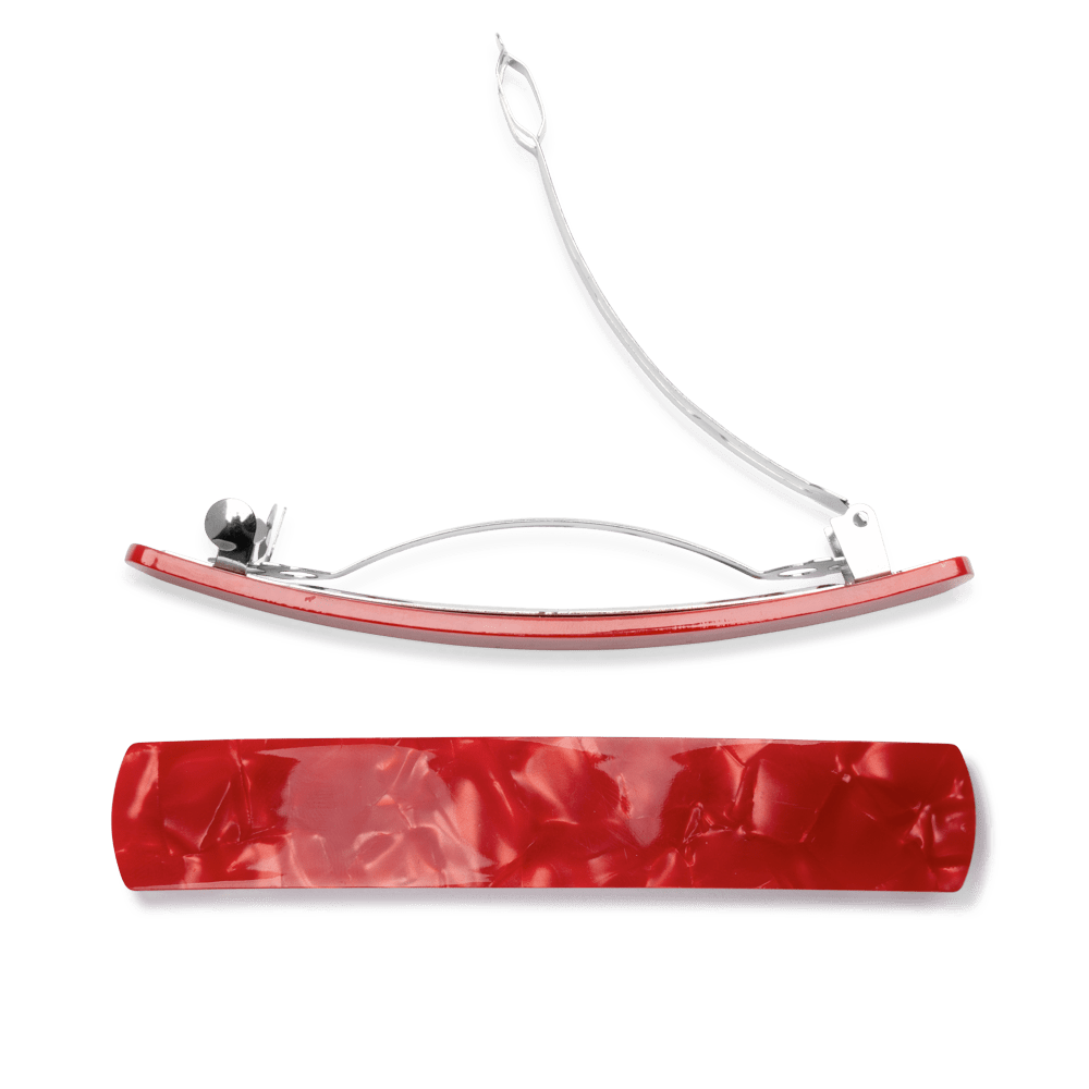 Matcha Addict hårspænde i rød med blank marmoreffekt og sølvmetalspænde – set fra siden og ovenfra.