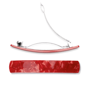 Matcha Addict hårspænde i rød med blank marmoreffekt og sølvmetalspænde – set fra siden og ovenfra.