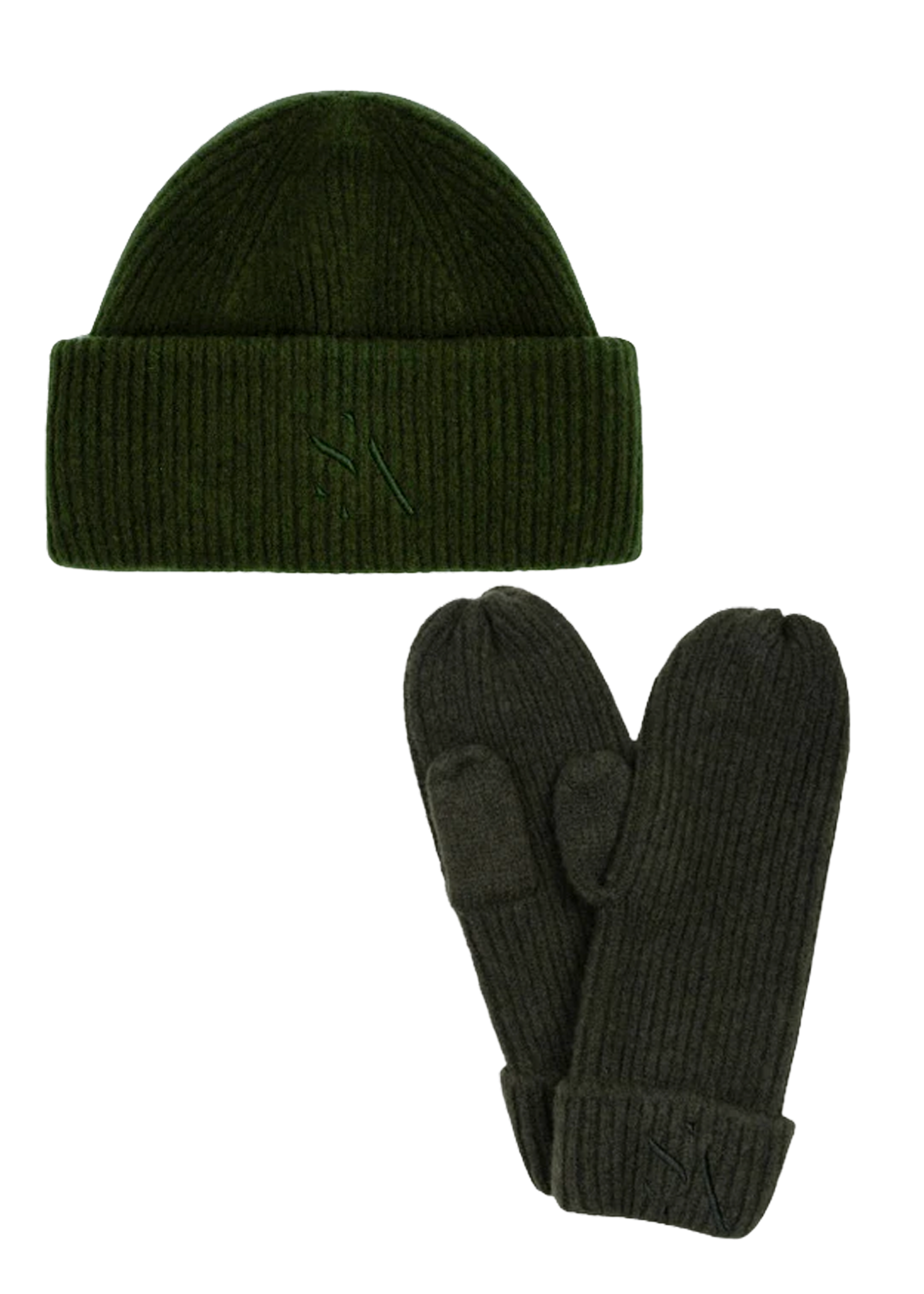 Ribstrikket hue og vanter i mørkegrøn fra SUI AVA – Signe Set Dark Green