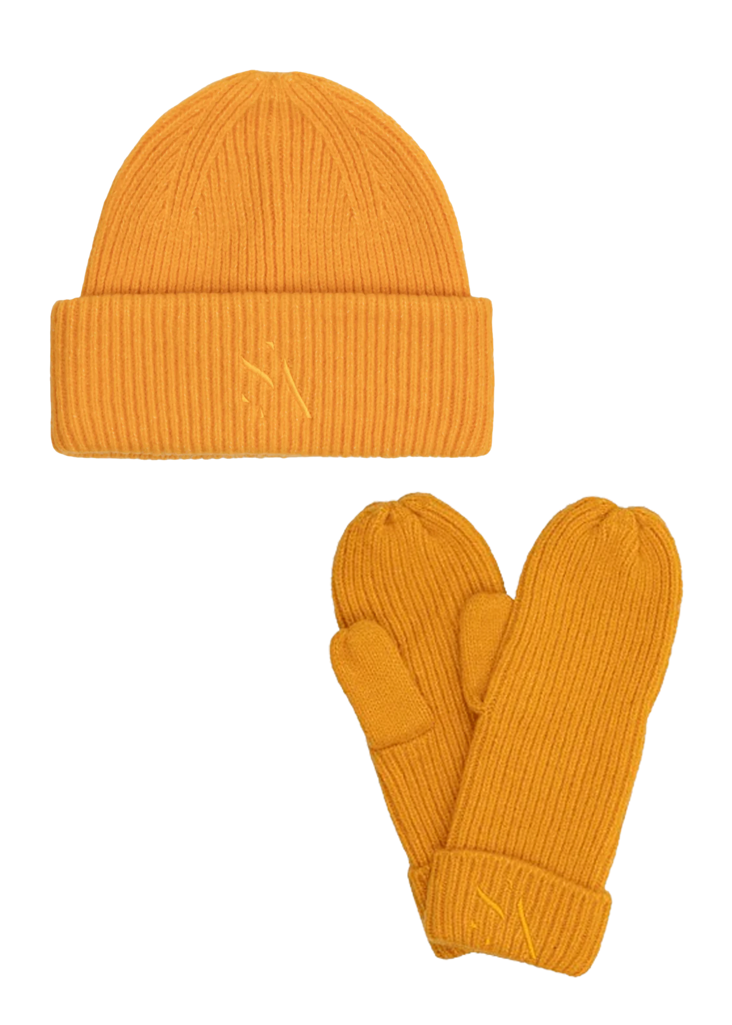 Signe Set Yellow med ribstrikket hue og vanter i gul med tonalt broderet logo – to-delt accessories-sæt til vinterbrug.