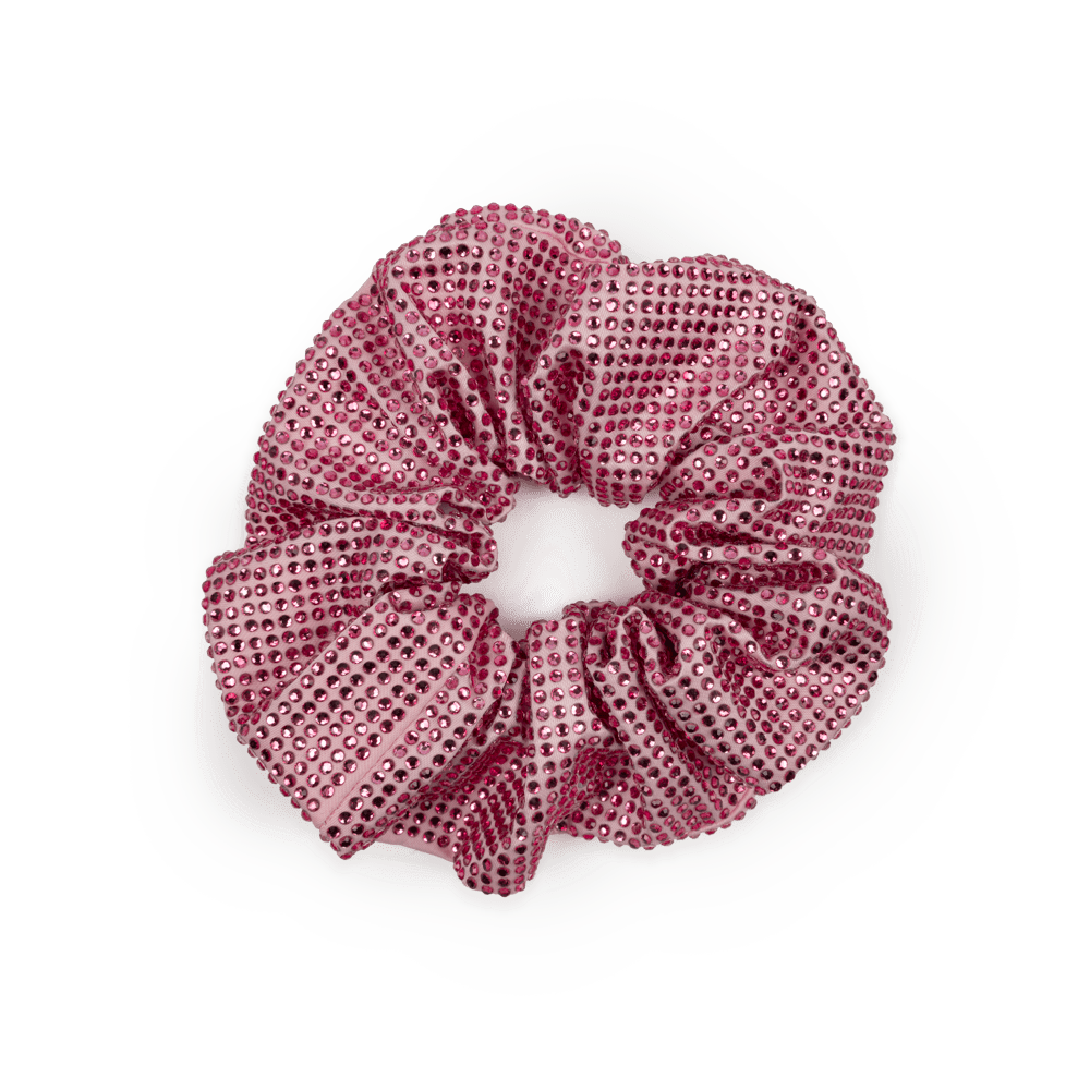 Kelly Crystal Scrunchie i pink pearl – Skinnende scrunchie med krystaldetaljer.