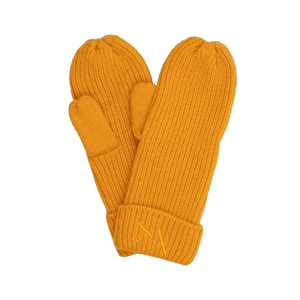 Signe Mittens – gyldne ribstrikkede vanter med SUI AVA-logo
