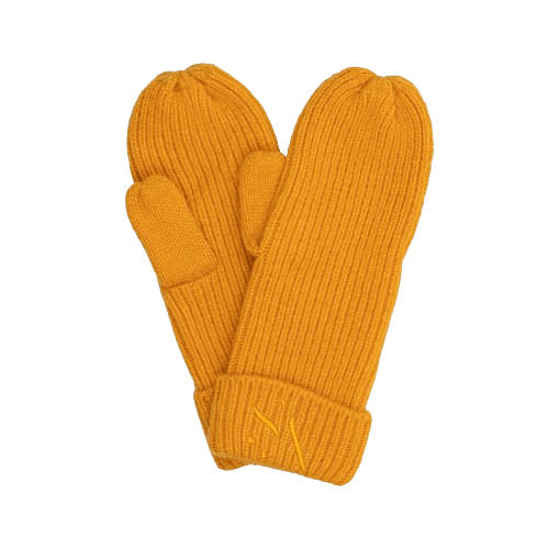 Signe Mittens – gyldne ribstrikkede vanter med SUI AVA-logo